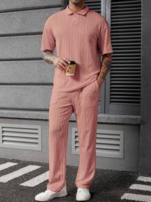 Manfinity Homme Men's Knitted Textured Polo Shirt & Shorts Set, Beige - Pink - View 2