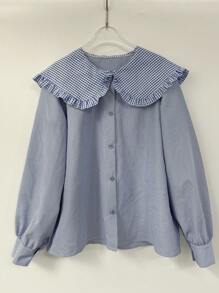 INAWLY 女式彼得潘领格子条纹长袖休闲衬衫、长袖上衣 - 彩色 - 查看 1