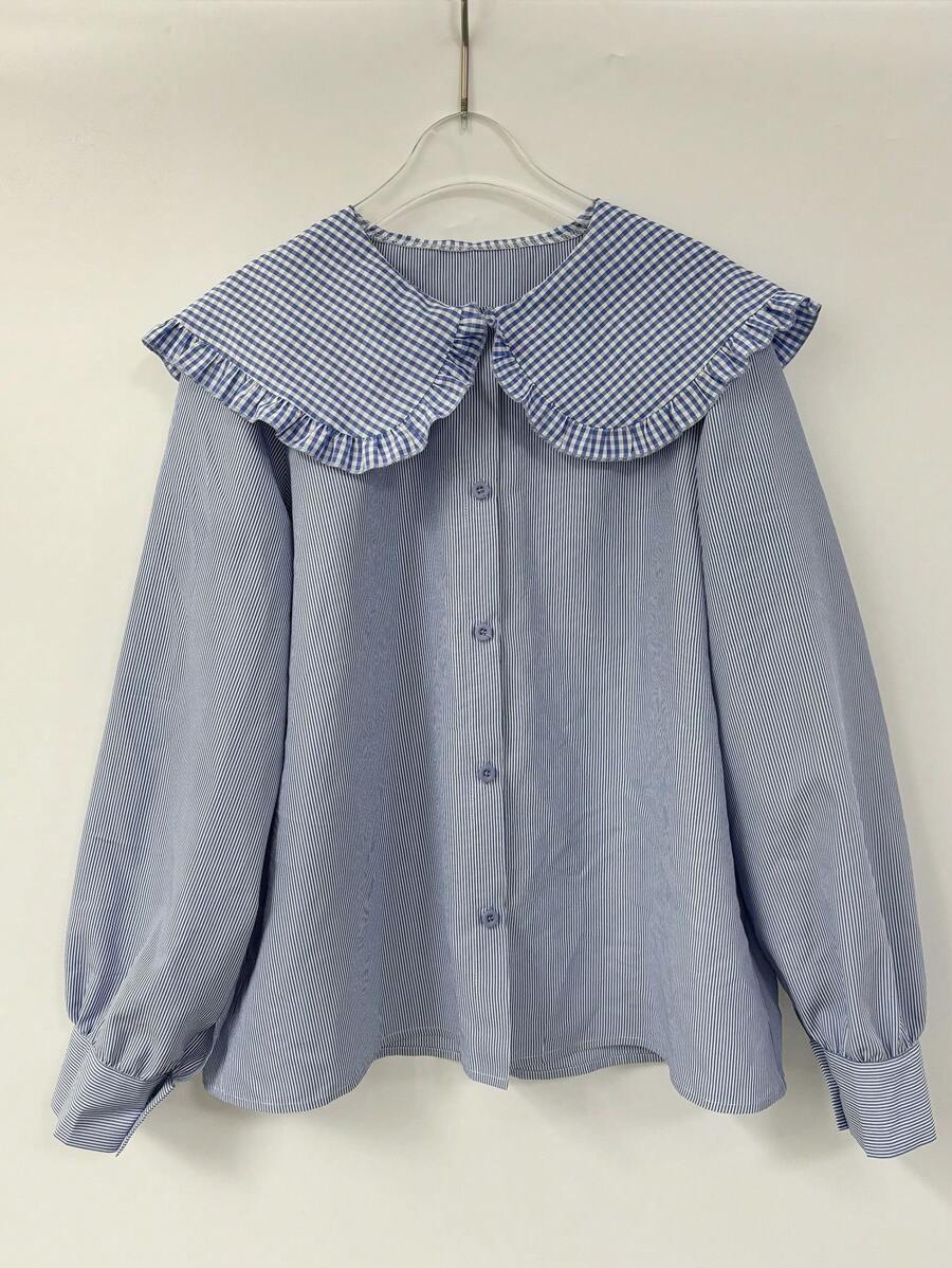 INAWLY 女式彼得潘领格子条纹长袖休闲衬衫、长袖上衣 - 彩色 - 查看 1