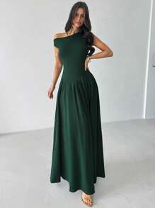 Firerie New Spring/Summer Women Elegant Casual Minimalist Holiday Outdoor Activity Festival Outing Asymmetric Neckline & Sleeve Pleated Waist Green A-Line Sleeveless Maxi Knit Dress Dresses For Wedding Event - Green - View 4