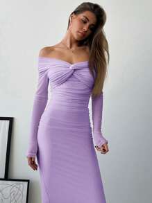 Aloruh Romantic Off Shoulder Mesh Twist Ruched Slim Fit Floor Length Dress With Long Sleeve For Women,Graduation Dresses - Mauve Purple - View 5