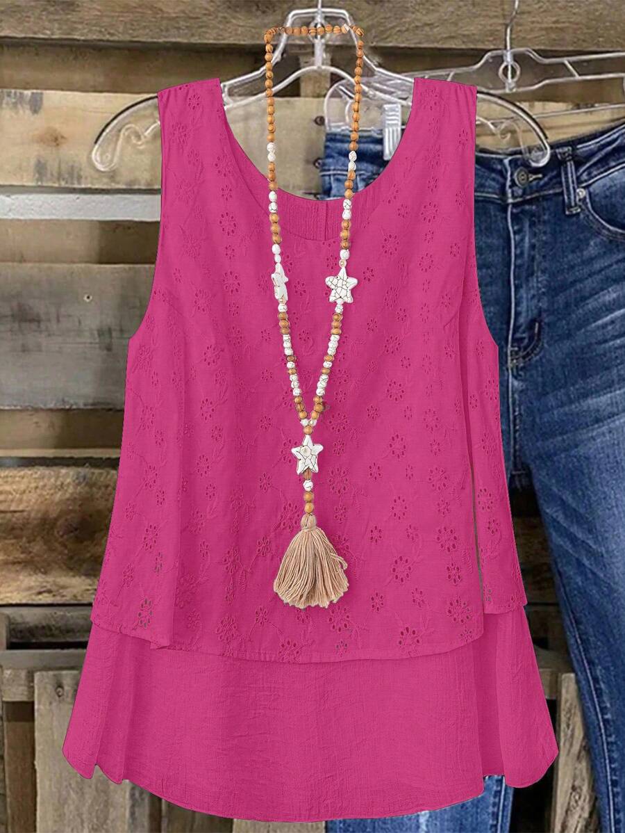 Linhara Camiseta de tirantes para mujer de talla grande con dobladillo con doble volante, bordado floral y diseño suelto para uso casual de primavera/verano - Rosa Fucsia - Ver 1