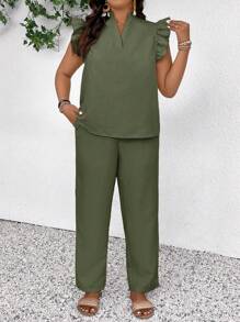 SHEIN Frenchy Plus Size 2pcs/Set Sleeveless Top & Long Pants, Solid Color,Summer Outfits For Women - Army Green - View 4