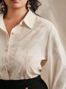 Anewsta Women's Floral Branch Print Design Polo Neck Blouse, Modesty Clothes - Beige - View 5