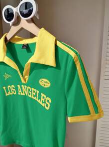Comfortcana Camiseta ajustada de cuello polo con estampado de colores contrastantes en estilo vintage para mujer