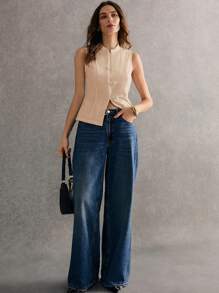 Poéselle Áo ba lỗ không tay màu trơn cài nút phía trước cho nữ, trang phục thường ngày giản dị - Màu be - Xem 4