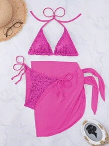 Swim Vcay 3 件套女士夏季沙滩装：亮片比基尼上衣、高腰系带下装、纯色网眼纱笼