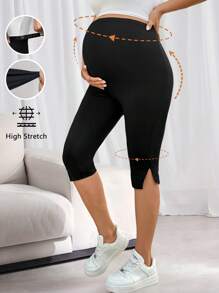 SHEIN Leggings casuales de 3/4 de longitud para mujeres embarazadas, con ajuste de cintura ajustable y abertura lateral