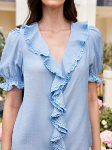 Chiquease 休闲野餐浅蓝色竖条纹短袖荷叶边泡泡袖浪漫衬衫 - 藍色 - 查看 7