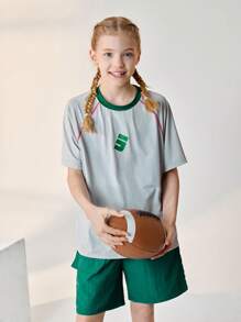 JNSQ Back To School Clothes, Tween Girl And Boy Outdoor Professional Sports Short Sleeve T-Shirt, Children's Round Neck Boneless Stitching Contrast Color Outdoor Sports Short Sleeve Top - Grey - View 4