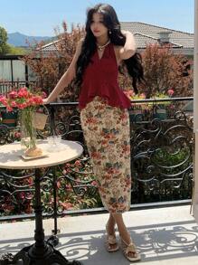 DAZY Conjunto de 2 piezas para mujer: Camiseta sin mangas con cuello en V y volante en el bajo, y falda con estampado floral - Burdeos - Ver 4