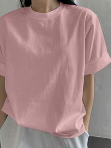 DAZY Summer Solid Color Round Neck Loose Casual T-Shirt Oversized T-Shirt - Baby Pink - View 5