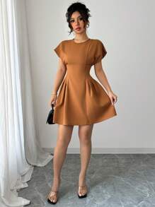 Elenzga Women's Elegant Solid Waist-Cinched Short Dress, Summer - Rust Brown - View 4