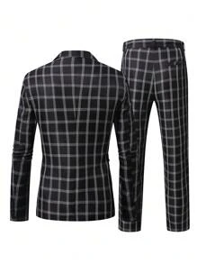 Calvornis Conjunto de chaqueta y pantalón de traje de hombre con estampado de cuadros de manga larga - Negro - Ver 2