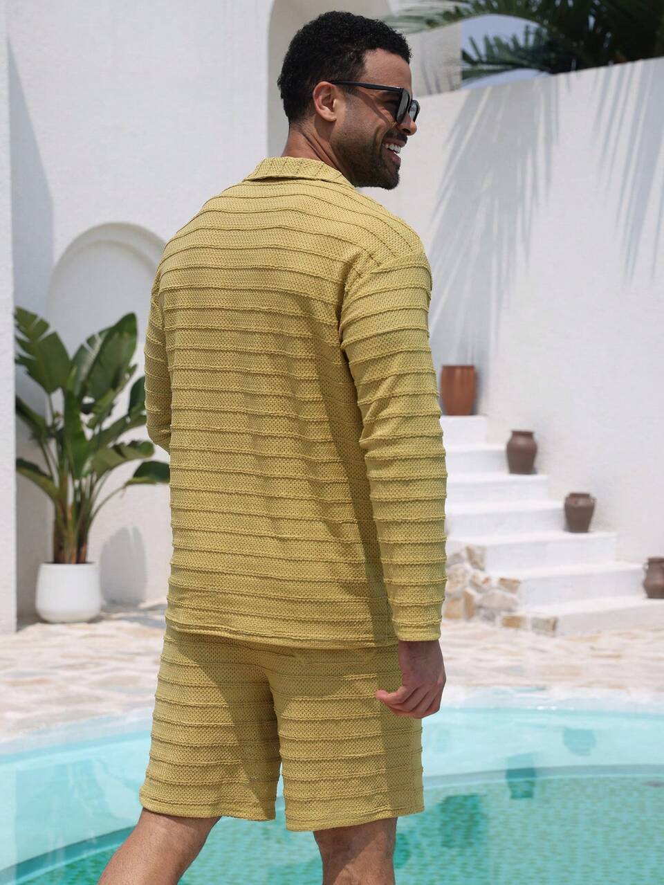 Summer Men's Textured Green Shirt Set Vacation