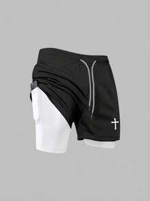 Coreblaze Men's Cross Print Drawstring Waist Sports Shorts Biker Shorts Running Shorts - Black and White - View 3