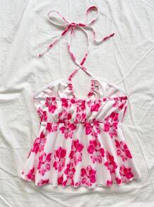 Soleia Femme Blouse ras-du-cou à Nouer Devant avec Imprimé Floral Rose et Blanc pour Vacances, Mariage, Fête, Vacances, Festival de Musique, Style Bohème Chic - Rose bonbon - Voir 2