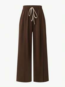 Calvaya 2 pezzi Set di donna casual di taglia grande con top a costine color albicocca con colletto alto e arricciature e pantaloni slim fit color marrone