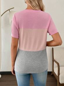 SHEIN Patchwork Zip Front Maternity Nursing Top For Pregnant Women, Summer - Pink - View 2