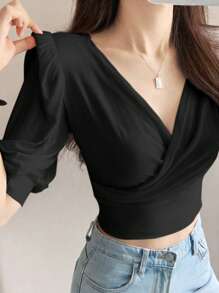 DAZY Camiseta Corta De Cuello Cruzado Sólido - Negro - Ver 2