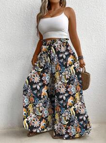 SHEIN Clasi 大码女式花卉印花系腰阔腿裤，适合度假穿着 - 彩色 - 查看 3