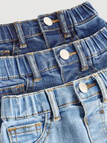 SHEIN 2025新款女婴三件套婴儿深蓝、藏青色、浅蓝色牛仔弹力紧身短裤套装，儿童女童春夏休闲度假乡村波西米亚风服装，儿童女童沙滩装，女童西部街头装，春假，锐舞节牛仔短裤 - 彩色 - 查看 12