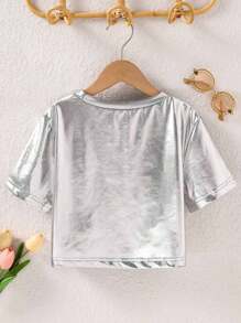 SHEIN Tween Girls' Fashionable Metallic Short Sleeve T-Shirt, Summer