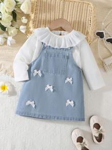 SHEIN 女婴休闲荷叶边领上衣和水洗牛仔围兜裙 2 件套服装，适合家庭聚会，春季/秋季 - 彩色 - 查看 7