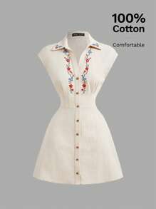 SHEIN MOD Đầm chữ A không tay họa tiết hoa retro cổ ve lật, phong cách hippie, streetwear, rave, boho, vintage, thích hợp cho hẹn hò, nhiệt đới, hở lưng, miền Tây, trang phục đi chơi, đầm nữ mùa xuân/hè, đầm dự tiệc, đầm dự tiệc trà, đầm lãng mạn, đầm đi biển, trang phục nghỉ hè, đầm nữ thường ngày. - Màu be - Xem 1