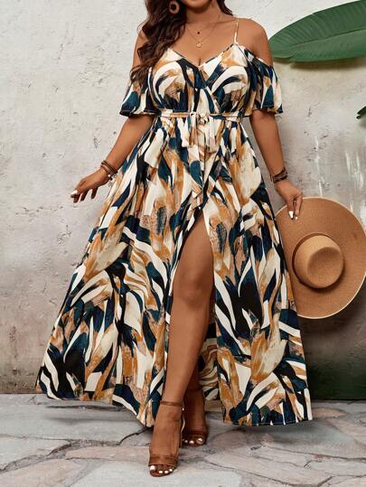 SHEIN VCAY Plus Size Open Shoulder Kortärmad Holiday Dress