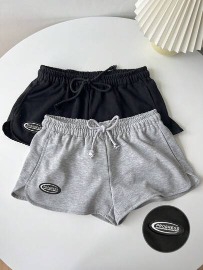 SHEIN EZwear 2pcs Women Casual Drawstring Elastic Waist Shorts Set With Split, Suitable For Summer,Embroidery Suitable For Going Out Women's Sportswear