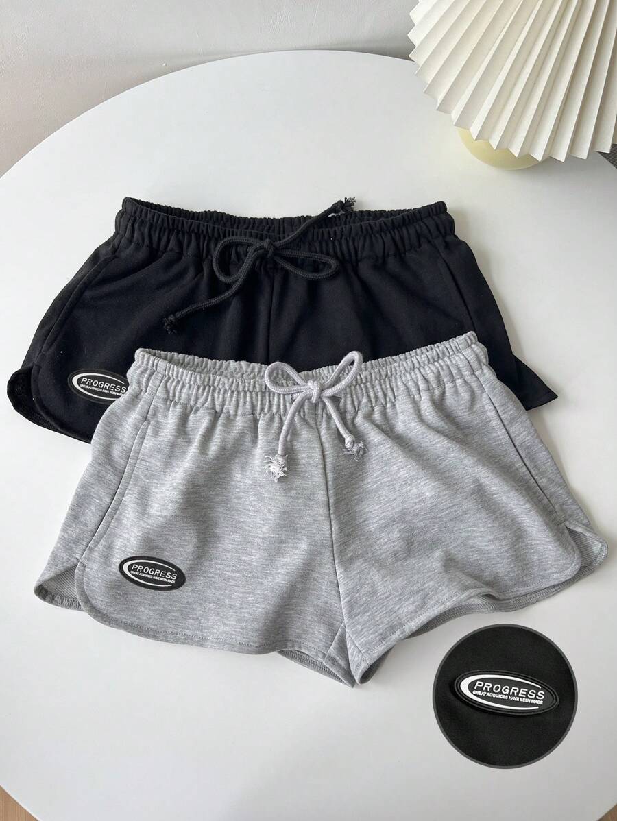SHEIN EZwear 2 件女士休闲抽绳松紧腰短裤套装，带开叉，适合夏季 - 彩色 - 查看 1