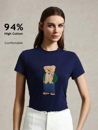 Briarwyn Enfärgad stickad rund hals framtill tryck kortärmad T-shirt för kvinnor Sommardräkter för kvinnor Business Casual Kvinna