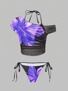 SHEIN Swim Spring Break Women 3 Pcs Bikini Set: Floral Print One-Shoulder Short Sleeve Ruffle Swim Cover Up And Side Tied Swim Bottom