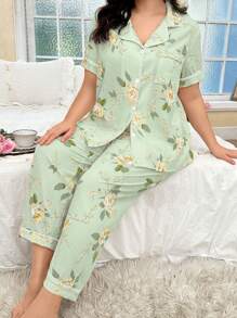 CottageSlumber Plus Size Ruffle Floral Print Elegant Sleepwear Set, Open Front Short Sleeve Top And Long Pants, Suitable For All Seasons, Outfits Cozy And Elegant Details - Green - View 6