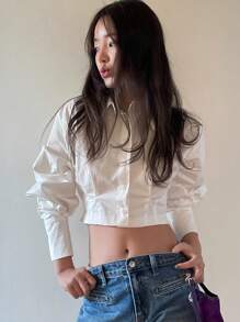 DAZY Women's Solid Color Tie-Waist Cropped Long Sleeve Shirt, White, Spring/Summer/Autumn