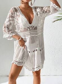 Swim Vcay Women's Geometric Embroidered Mesh Deep V-Neck 3/4 Sleeve Coverup Dress For Summer Beach Vacation