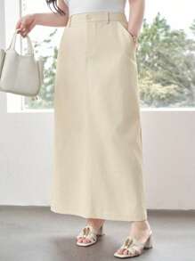 Dazy Plus Plus Size Solid Color Straight Fit High Waist Skirt, Year-Round Wear Fall Skirts - Apricot - View 1