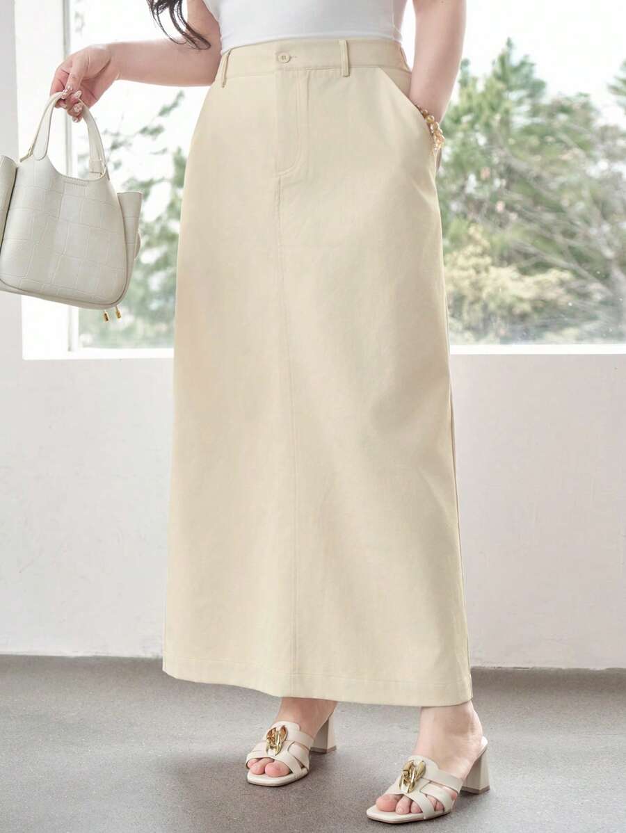 Dazy Plus Plus Size Solid Color Straight Fit High Waist Skirt, Year-Round Wear Fall Skirts - Apricot - View 1