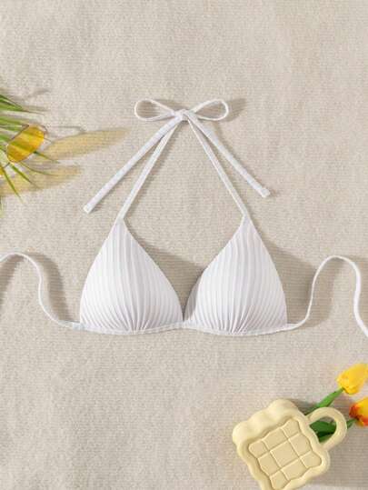 SHEIN Swim Women's Vacation Beach Plain Color Halter Swimsuit Bikini Top For Summer