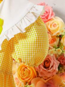 Girls' Gingham Print Ruffled Collar Lantern Sleeve Midi Dress With Floral Decor, Suitable For Casual Wear, Outings, Family Gatherings, Great Choice For Young Young Girl