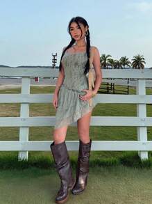 SHEIN EZwear Summer Tank Top For Women Country Concert Western Wear Lace Ruffle Green Lace Asymmetrical Hem With Ruffle Trim - Army Green - View 5