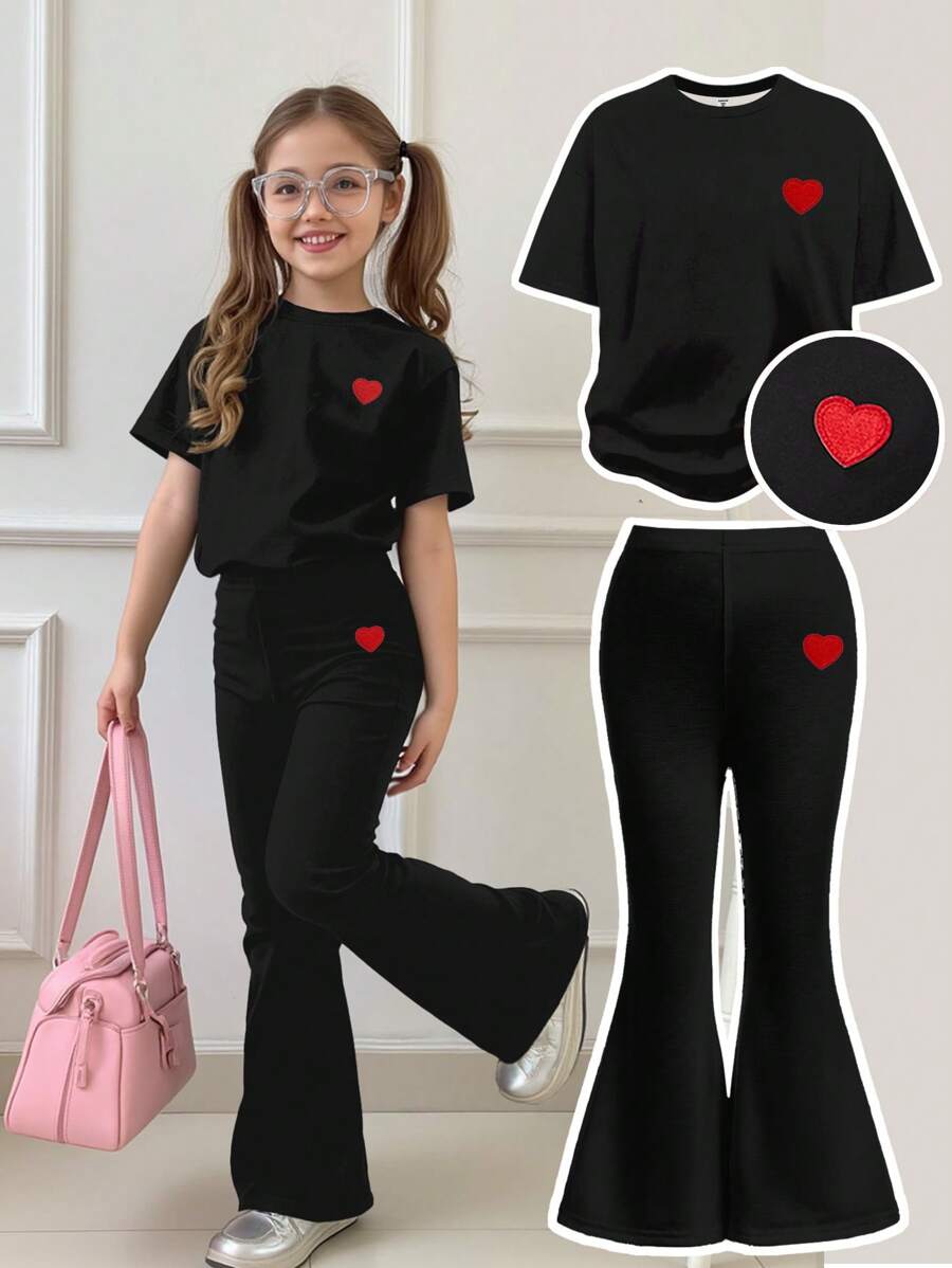 SHEIN Leap Crew 2pcs Young Girl Casual Embroidered Heart Round Neck Short Sleeve T-Shirt And Flare Pants Suit, Summer