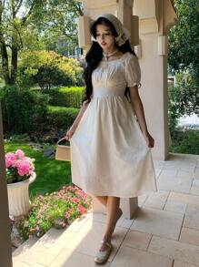 DAZY Đầm dài cổ vuông phong cách cổ tích nhẹ nhàng quyến rũ, hở eo, lãng mạn, ngọt ngào, thanh lịch, trà sữa - Màu be - Xem 5