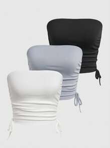 SHEIN PETITE ملابس علوية قصير بنسيج قطني بلا أربطة، لون أحادي، موضة صيفية