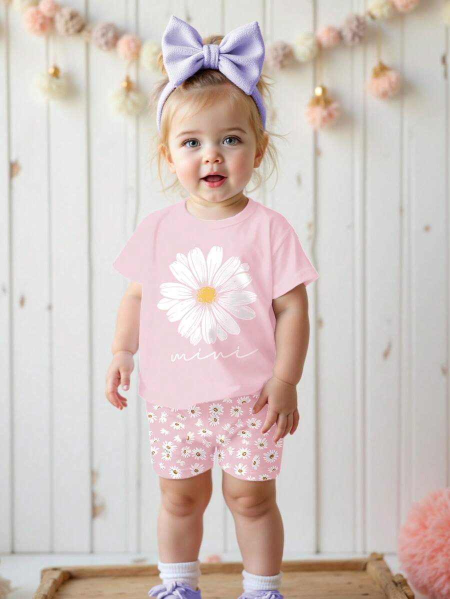 SHEIN Ensemble T-shirt à manches courtes col rond minimaliste décontracté et shorts skinny pour bébé fille, adapté pour le printemps/été