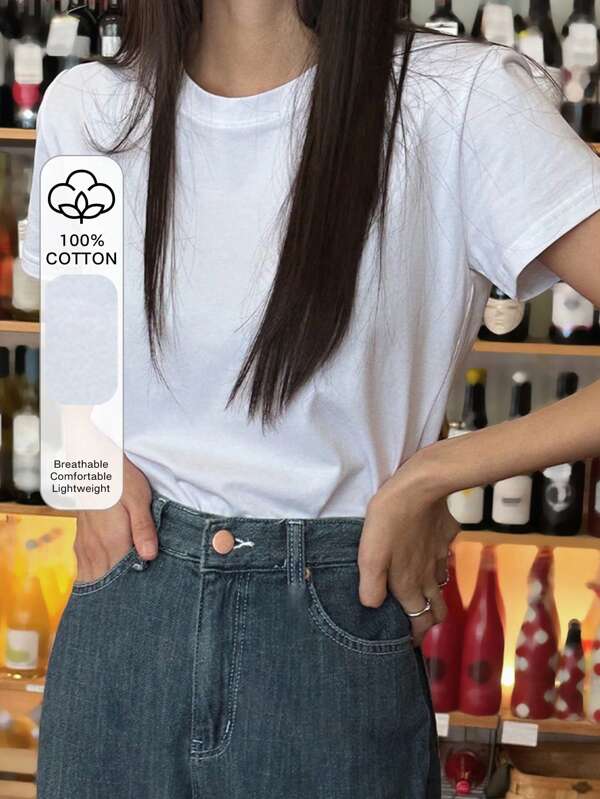 DAZY Camiseta básica de mujer de cuello redondo, manga corta y ajustada, color blanco, para primavera/verano