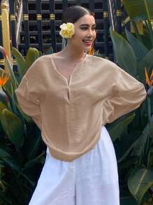 Livesso Blusa suelta de manga larga con cuello redondo de unicolor para vacaciones de verano