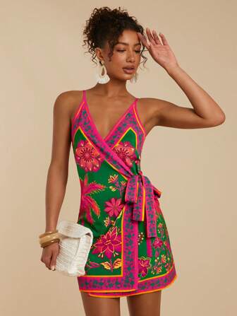 Travachic Women's Wrap Tie Side Floral Print Boho Beach Vacation Dress Bow Dress