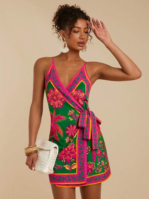Travachic Vestido bohemio de playa para vacaciones con estampado floral y lazo lateral para mujer